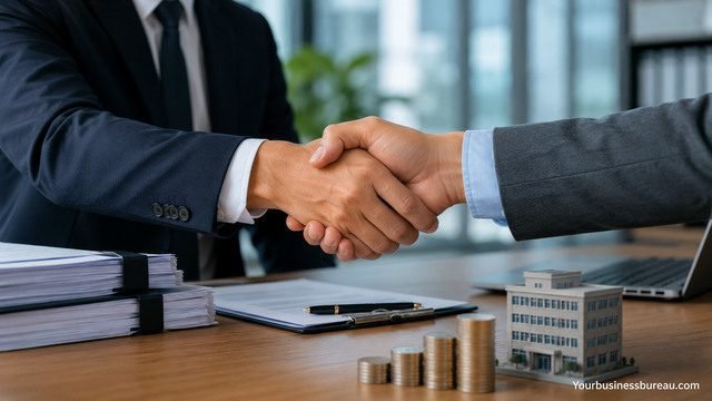 Business professionals securing acquisition financing through a strategic business deal.
