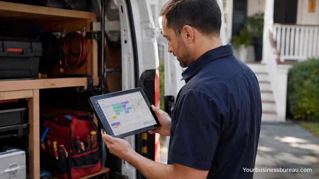 Field Service Management Software for Small Business Technician using field service management software on tablet