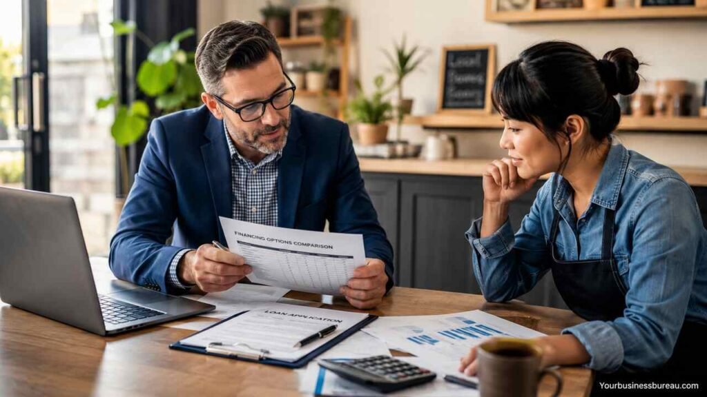 Small business owner comparing finance and loan options with advisor