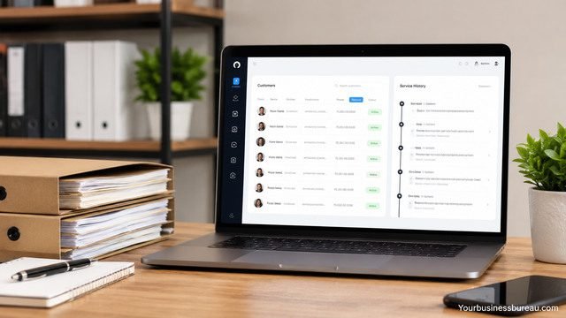 Organized customer records and service history on laptop