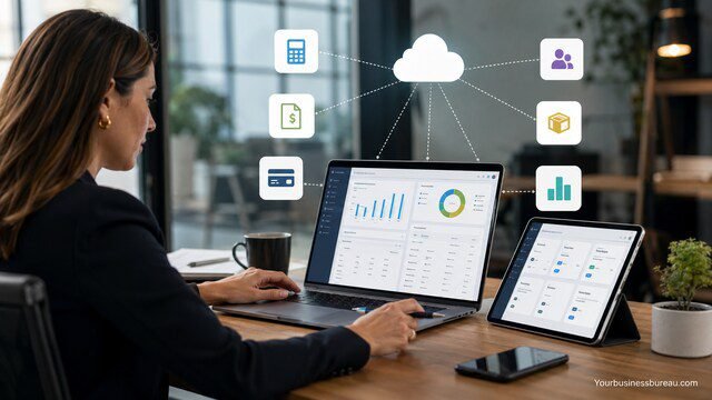 Accounting and business tools integrations on a modern office dashboard.