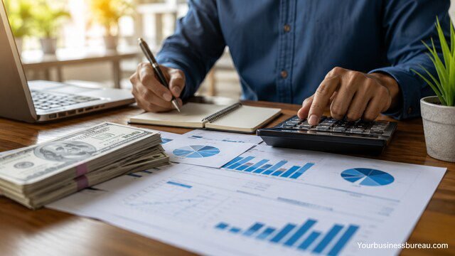 Business owner reviewing cash flow reports and financial documents