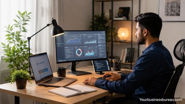 Entrepreneur building an online business using digital skills