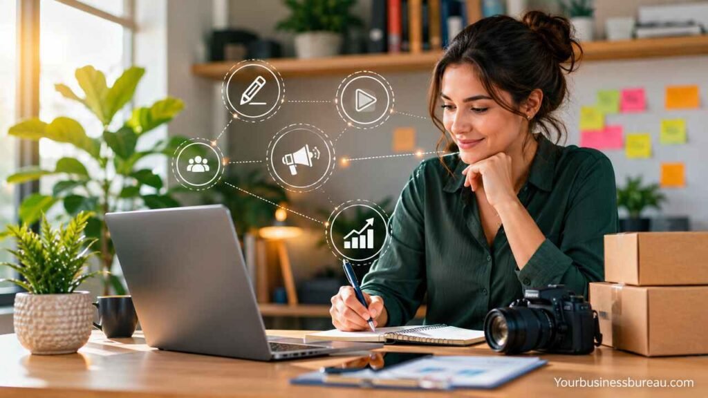 Content Marketing for Small Business: Build Trust, and Attract Customers Small business owner creating content marketing strategy on a laptop
