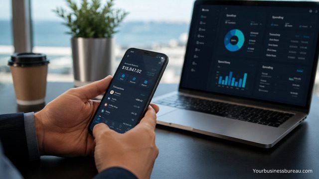 Digital banking and mobile banking app used alongside financial analytics dashboard