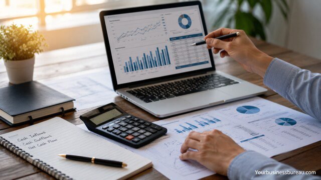 Business professional monitoring cash flow reports and financial dashboards