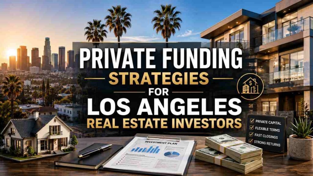 Los Angeles skyline with luxury homes, investment documents, and private funding resources for real estate investors.