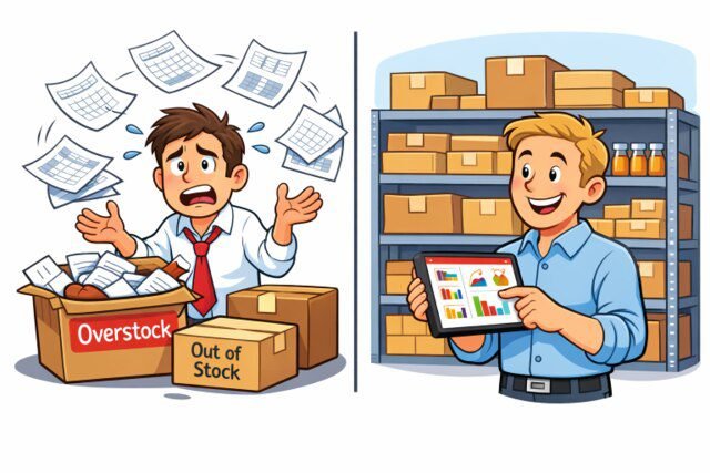 Illustration showing inventory management software reducing overstock and stockout issues in a warehouse