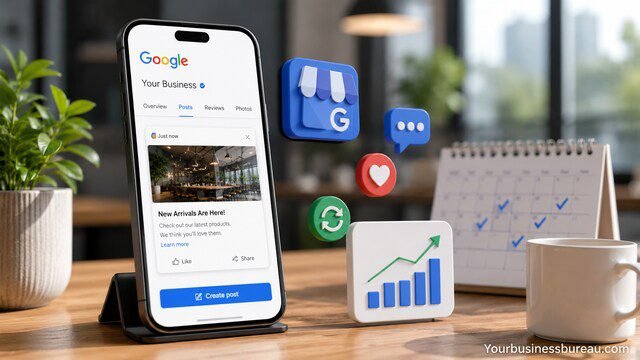 Google Business Profile posts displayed on a smartphone for local SEO growth.