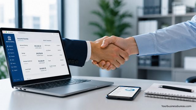 Professionals connecting a business banking profile with a laptop dashboard