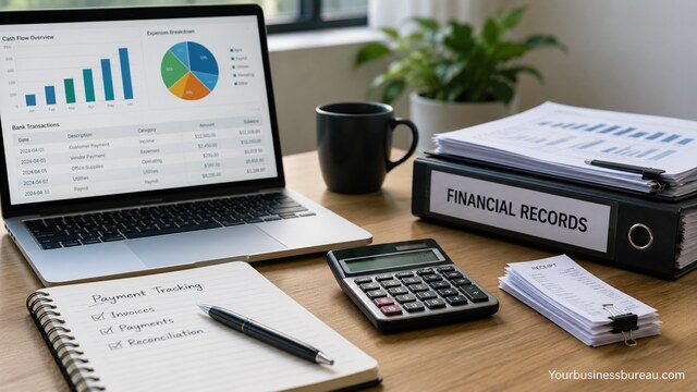 Track payments and maintain accurate financial records workspace with laptop and calculator.