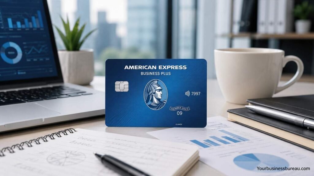 Amex Blue Business Plus business credit card on a professional office desk.