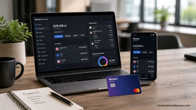 Advantages and Limitations of Revolut Business dashboard on laptop and smartphone.