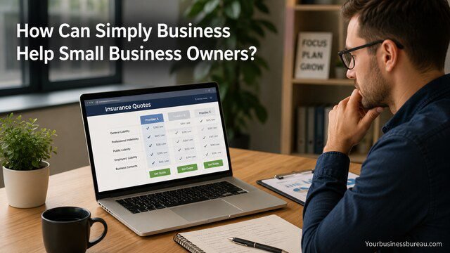 Small business owner comparing insurance quotes on Simply Business
