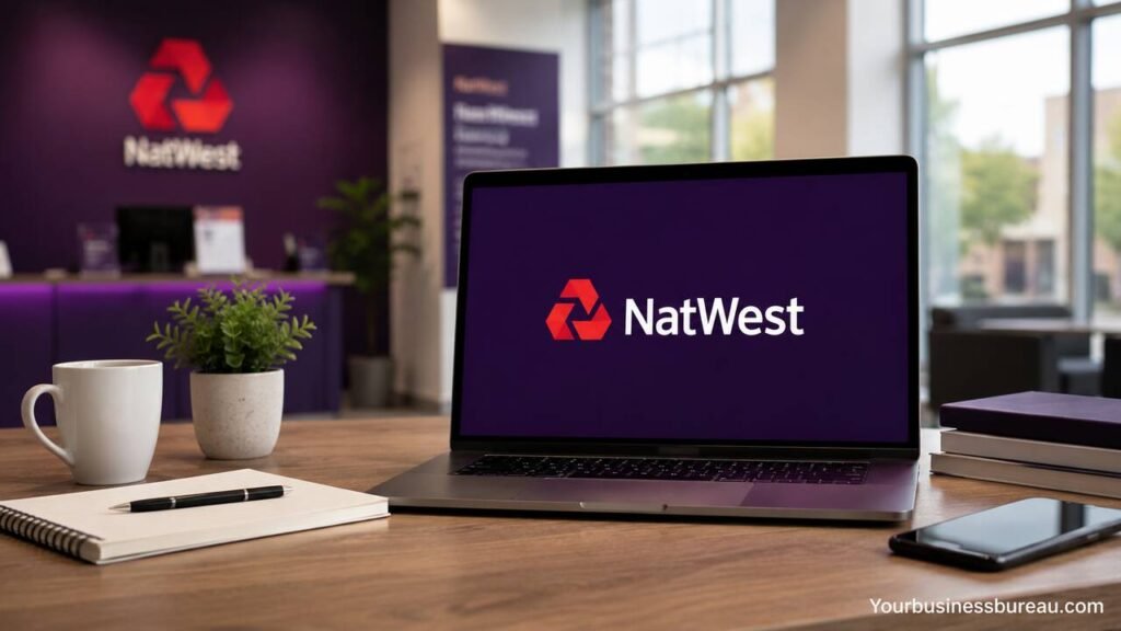 NatWest Business Banking: A Complete Guide to Features, Benefits, Accounts, and Business Growth NatWest Business Banking dashboard on a laptop in a modern office workspace.