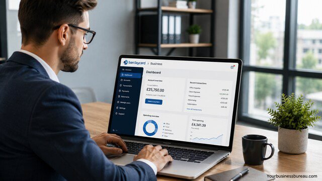 Business owner accessing Barclaycard Business Login dashboard for expense management.