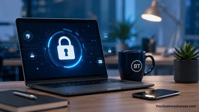 Secure BT Business Login displayed on a laptop with cybersecurity lock interface.