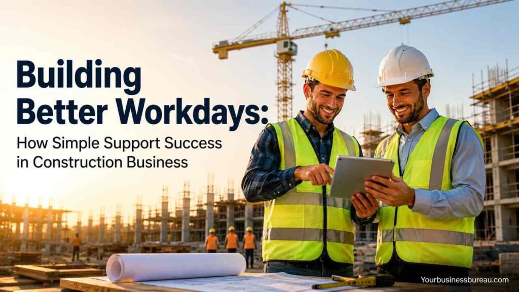 Building Better Workdays: How Simple Support Success in Construction Business Construction professionals using a tablet to improve workplace support and construction business success