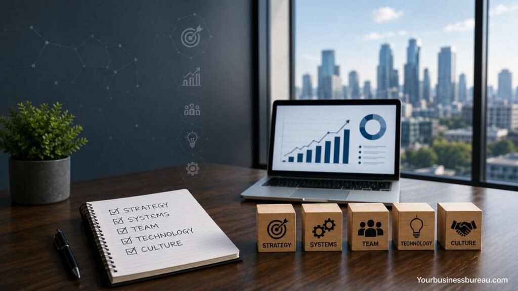 What Modern Companies Need Before They Scale Successfully Modern business team planning scalable growth with systems and strategy.