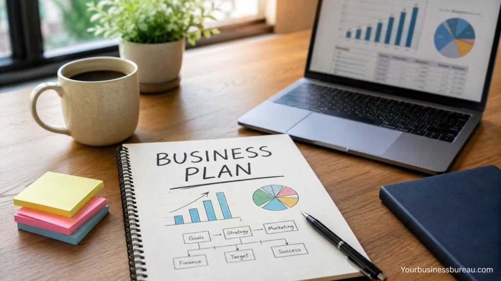 How to Write a Business Plan: A Step-by-Step Guide to Building a Successful Business How to write a business plan with business planning notebook and charts