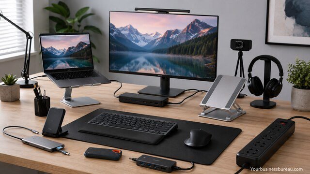 Modern office desk with business accessories for improved workplace productivity