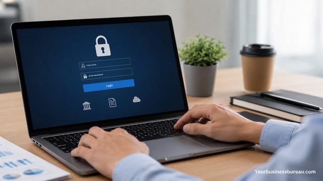 Business owner accessing an online business tax account securely on a laptop