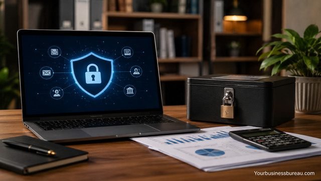 Business tax account fraud protection workspace with laptop and security lock