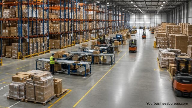 Modern warehouse with organized storage racks and efficient workflow.