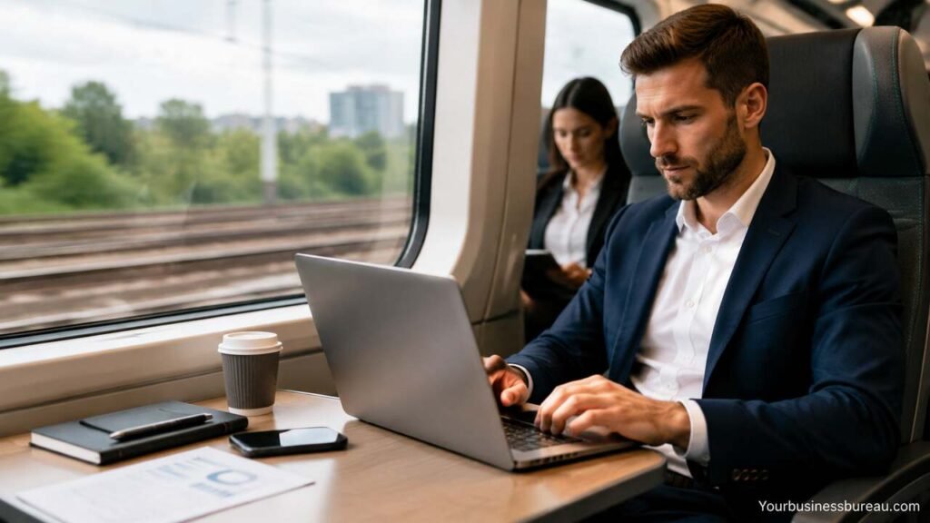 Trainline Business: Manage Corporate Rail Travel, Booking Solutions, and Expense Control Business traveler managing corporate rail travel on a laptop