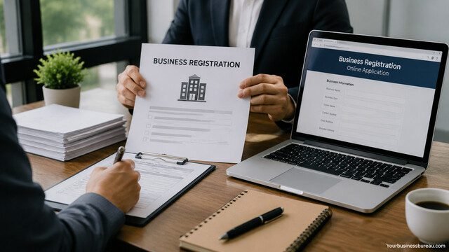 Business registration process with official documents and online application