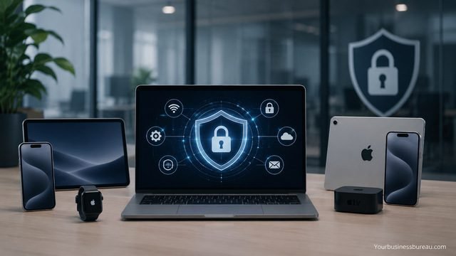 Apple devices secured with centralized MDM policies and Apple Business Manager.