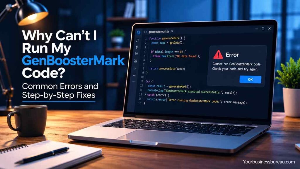 Why Can’t I Run My GenBoosterMark Code? Common Errors and Step-by-Step Fixes Laptop displaying GenBoosterMark code errors with troubleshooting guide.