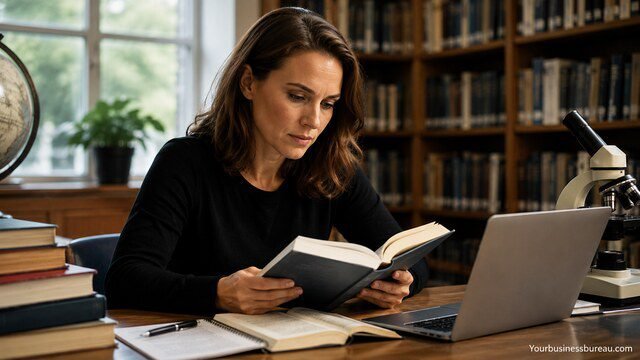 Natalie Portman studying in a library for education and research experience