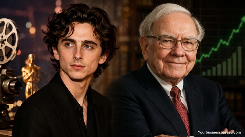 Timothée Chalamet and Warren Buffett representing success in entertainment and business.