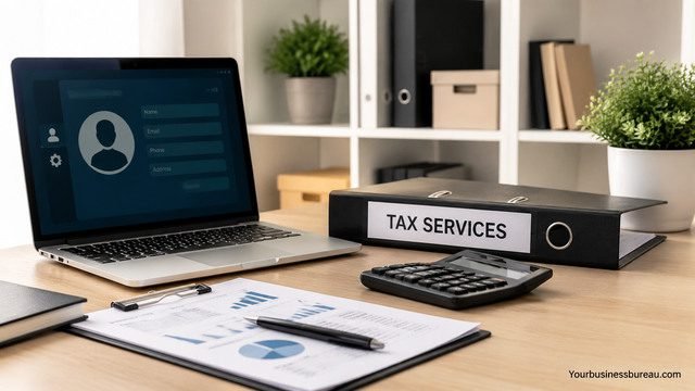 Organised office desk with laptop and tax services folder for setting up business profile.