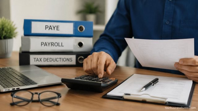 Payroll desk with calculator and documents for PAYE tax and employee deductions processing.