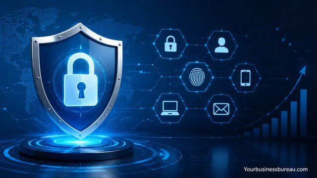 Security shield with lock symbol representing ongoing account protection and cybersecurity practices.
