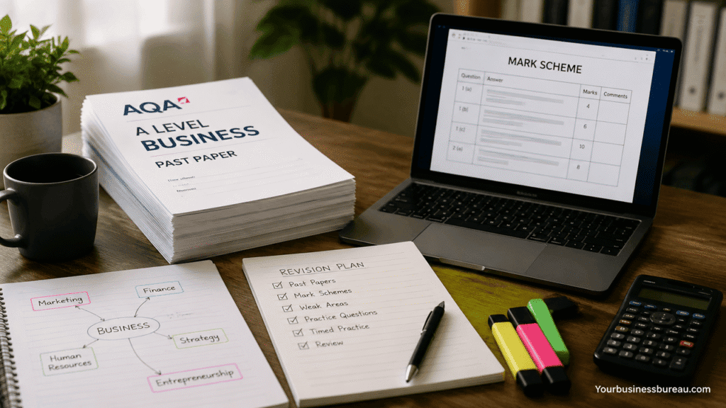 AQA A Level Business Past Papers: Revision Strategy, Mark Schemes, and Exam Practice Guide AQA A Level Business past papers and mark scheme on a study desk