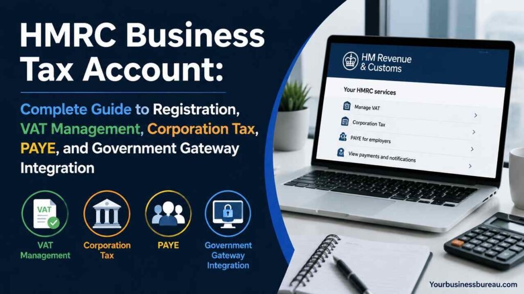 HMRC Business Tax Account guide with VAT, Corporation Tax, PAYE and Government Gateway dashboard