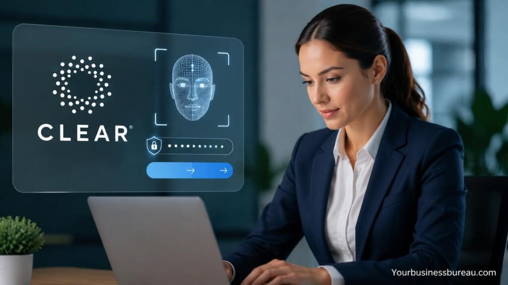 CLEAR Business Login: Secure Access Guide to CLEAR Secure Enterprise Identity Verification Portal Professional using CLEAR business login on a secure identity verification dashboard in a modern office environment.