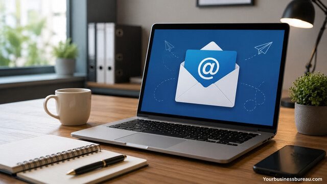 Professional business email setup on a modern laptop workspace.
