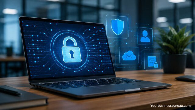 Microsoft security features protecting business data on a laptop
