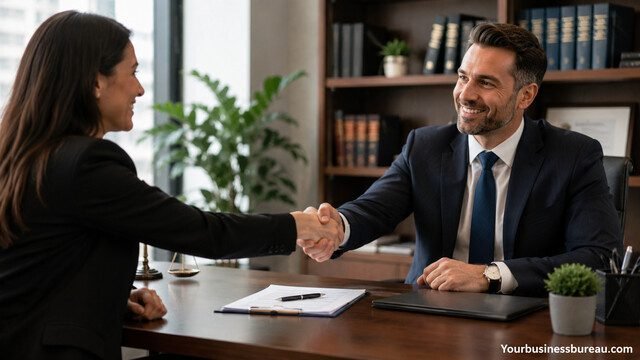 Business owner shaking hands with a solicitor during a legal consultation.