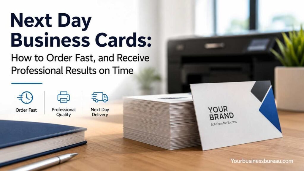 Next Day Business Cards: How to Order Fast, and Receive Professional Results on Time Next day business cards stacked on a desk with a professional printing setup.