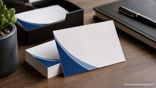 Business cards on a desk for maximizing their value after delivery.