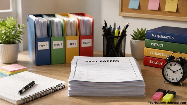 Student organizing past papers by topic before full exams