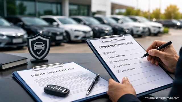 Business professional reviewing insurance and driver responsibilities for leased vehicles.