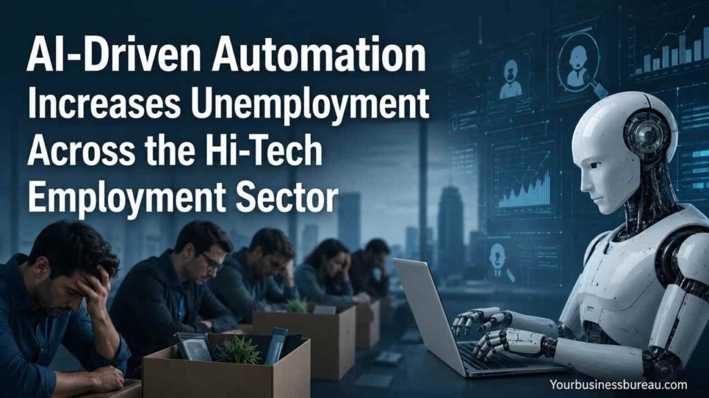 AI robot replacing hi-tech employees in a modern office