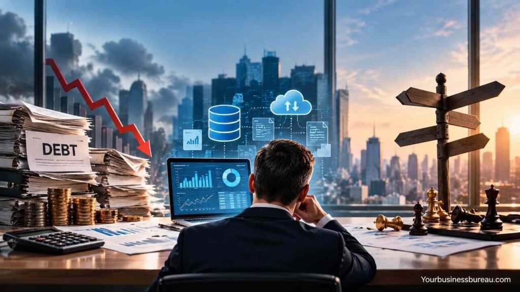 Financial Blind Spots That Hurt US Companies: Debt, Data, and Strategic Misalignment Business executive analyzing financial blind spots involving debt, data, and strategic misalignment in US companies.