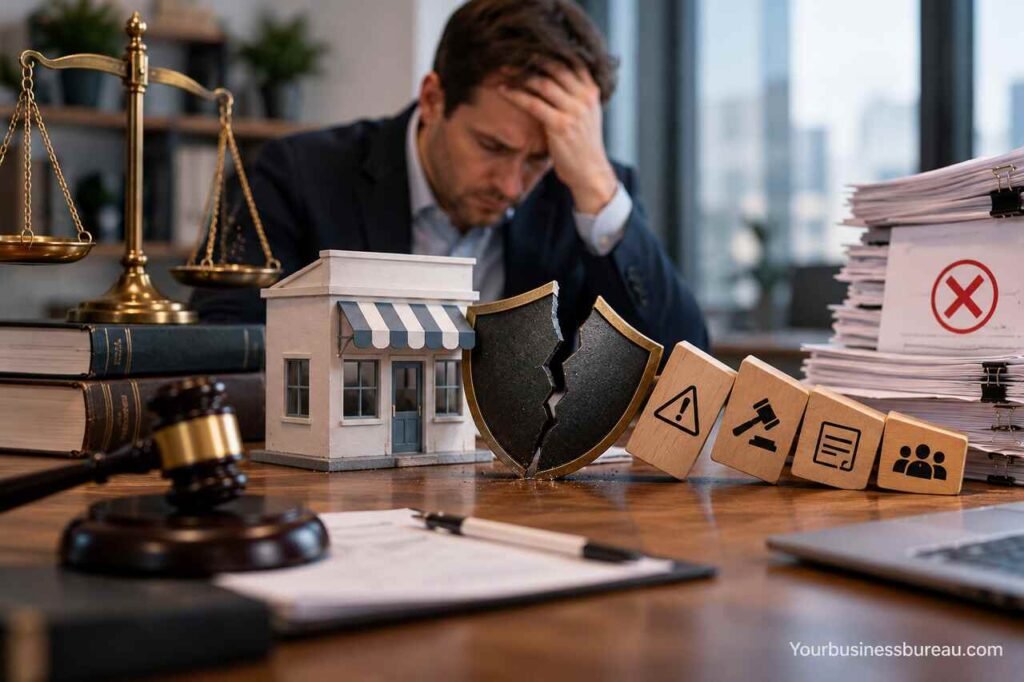 Poor Legal Structuring Problems in US Small Businesses: Risk Exposure, and Compliance Failures Small business owner facing legal structuring problems, liability risks, and compliance failures in the US.